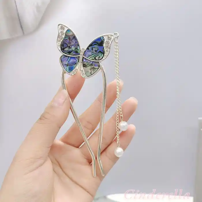 Kelebek Model Sarkıt İncili Taşlı Metal Topuz Tokası - Sallantılı Yeni Sezon Çubuk Saç Topuz Tokası