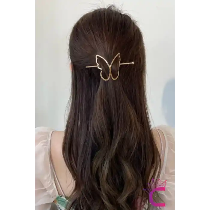 Kelebek Tasarım Gold Metal Topuz Tokası - Kelebekli Çubuk Toka Saç Çubuğu Aksesuar Kadın
