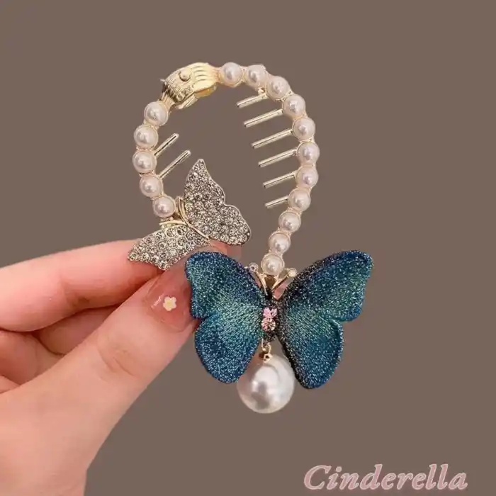 Kelebekli Gerçek Kumaş Kanatlı Yaylı Kadın Topuz Saç Tokası Metal - Sarkıt Büyük İnci Taşlı Toka