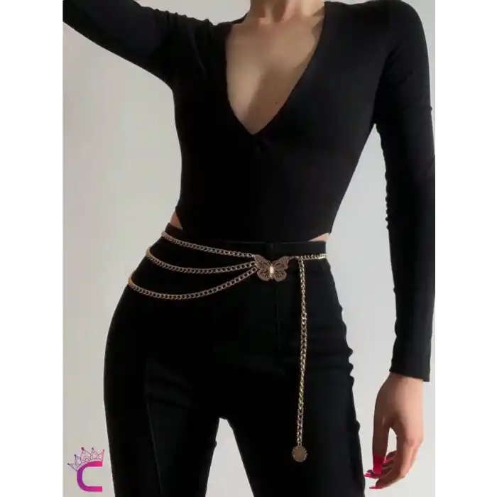 Kelebekli Gold Bel Zinciri - Ayarlanabilir Vücut Elbise Zinciri Kemeri Göbek Takısı Kolyesi Aksesuar