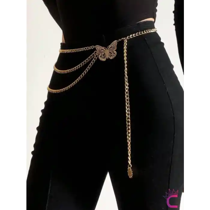Kelebekli Gold Bel Zinciri - Ayarlanabilir Vücut Elbise Zinciri Kemeri Göbek Takısı Kolyesi Aksesuar