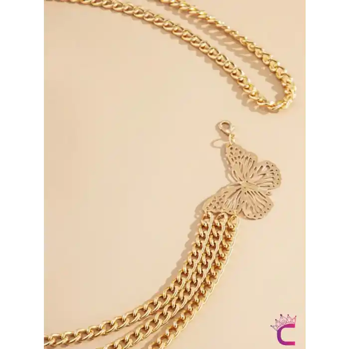 Kelebekli Gold Bel Zinciri - Ayarlanabilir Vücut Elbise Zinciri Kemeri Göbek Takısı Kolyesi Aksesuar