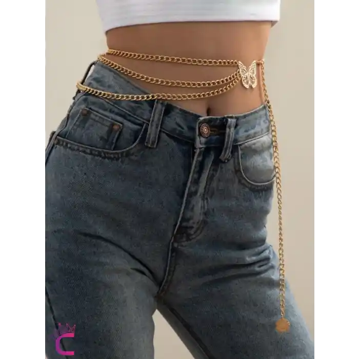 Kelebekli Gold Bel Zinciri - Ayarlanabilir Vücut Elbise Zinciri Kemeri Göbek Takısı Kolyesi Aksesuar