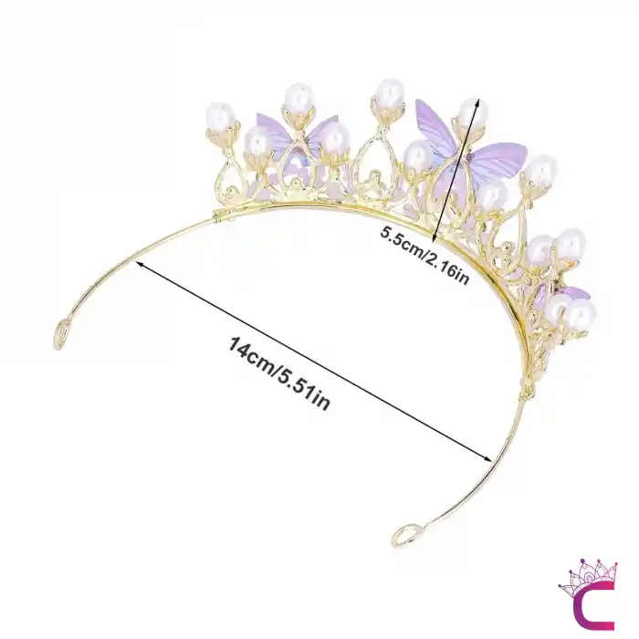 Kelebekli İncili Zirkon Taşlı Kız Çocuk Prenses Tacı Gold- Tiara Doğum Günü Parti Taç Saç Bandı Toka