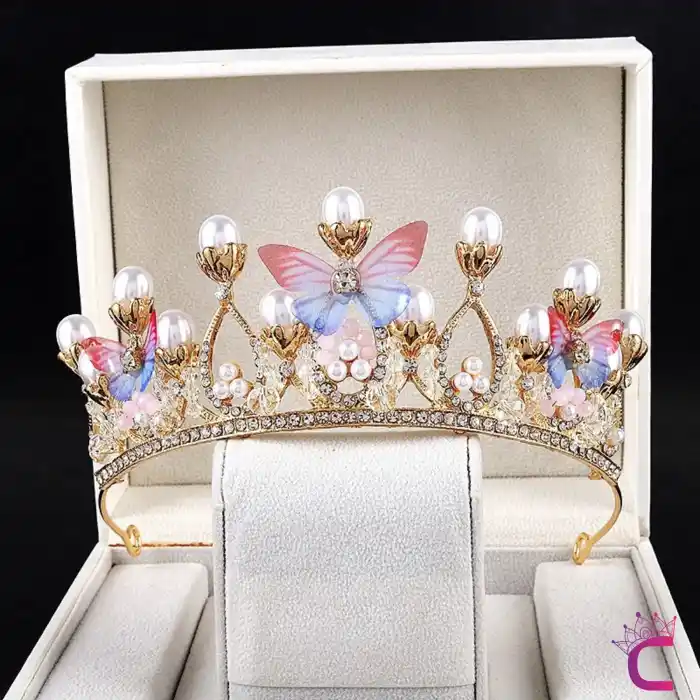 Kelebekli İncili Zirkon Taşlı Kız Çocuk Prenses Tacı Gold- Tiara Doğum Günü Parti Taç Saç Bandı Toka