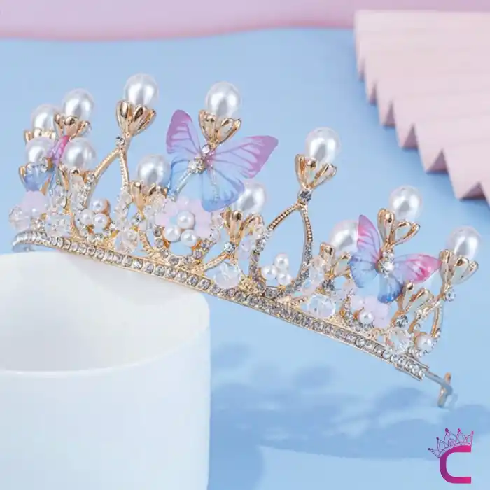 Kelebekli İncili Zirkon Taşlı Kız Çocuk Prenses Tacı Gold- Tiara Doğum Günü Parti Taç Saç Bandı Toka