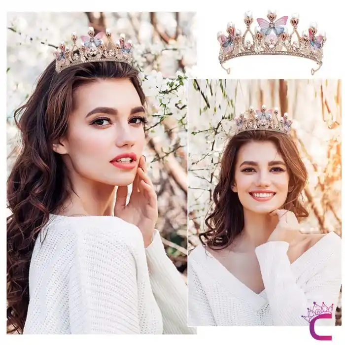 Kelebekli İncili Zirkon Taşlı Kız Çocuk Prenses Tacı Gold- Tiara Doğum Günü Parti Taç Saç Bandı Toka