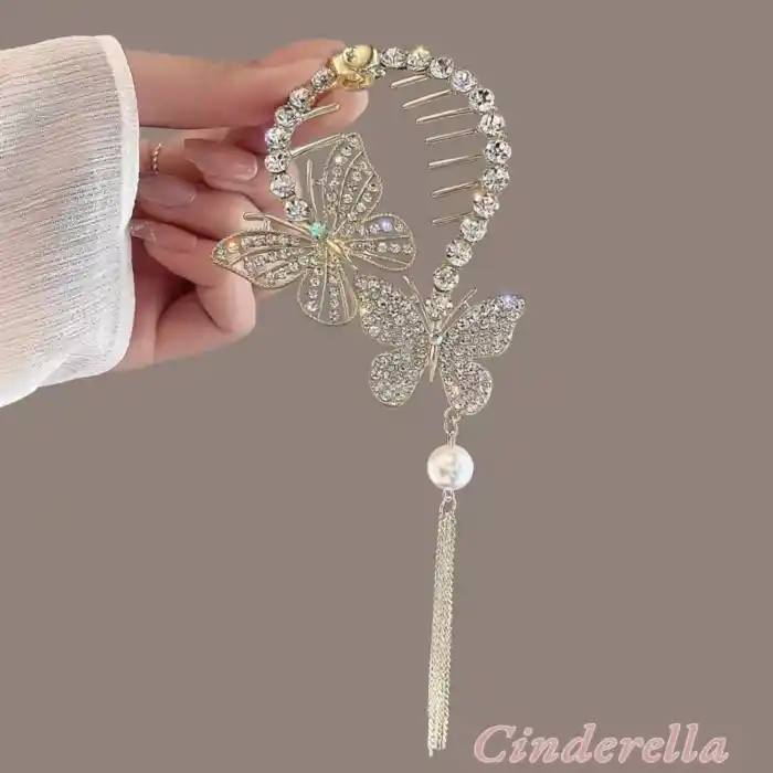 Kelebekli Kadın Topuz Saç Tokası Gold Metal - Yeni Tarz Sallantılı İncili Kristal Taşlı Toka