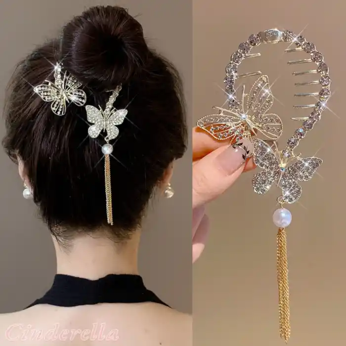 Kelebekli Kadın Topuz Saç Tokası Gold Metal - Yeni Tarz Sallantılı İncili Kristal Taşlı Toka