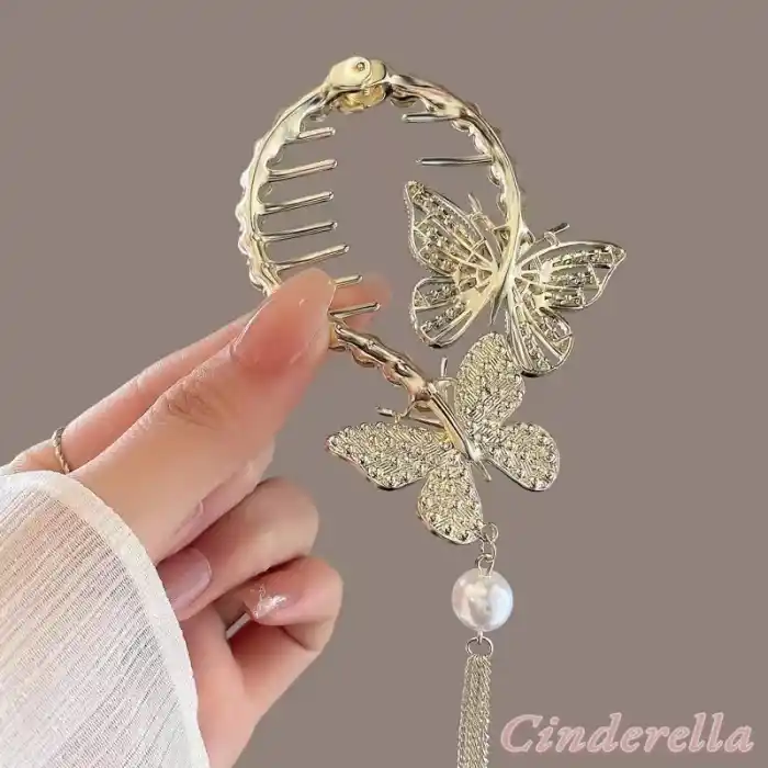 Kelebekli Kadın Topuz Saç Tokası Gold Metal - Yeni Tarz Sallantılı İncili Kristal Taşlı Toka