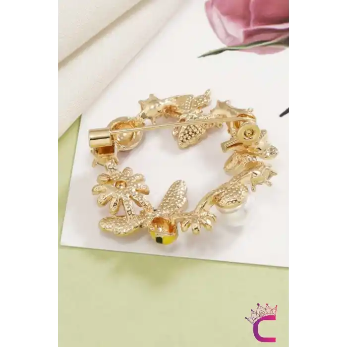 Kelebekli Uğur Böceği Arılı İncili Çiçekli Kadın Çelenk Broş - Hediyelik Elbise Ceket Yaka İğnesi