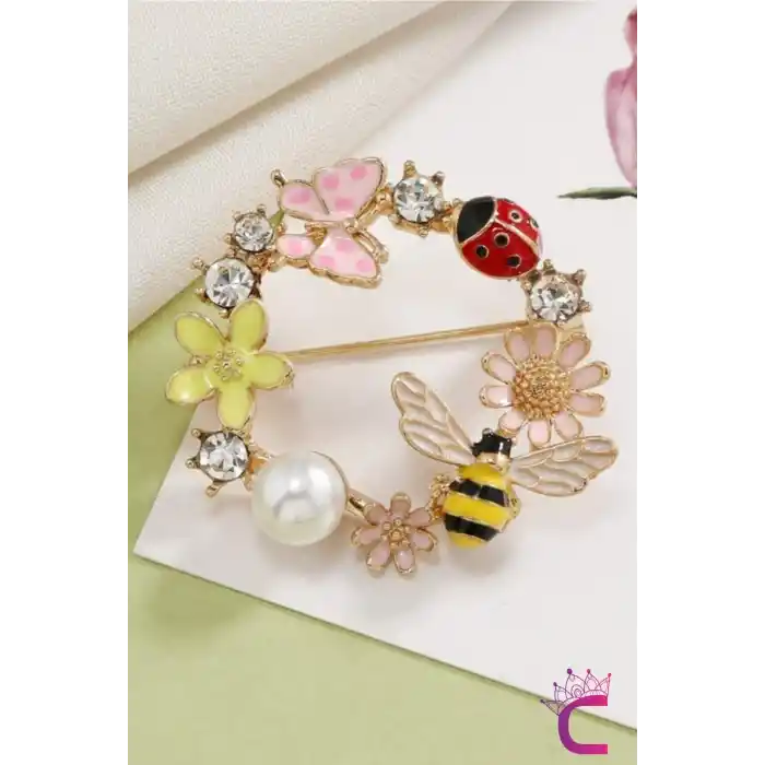 Kelebekli Uğur Böceği Arılı İncili Çiçekli Kadın Çelenk Broş - Hediyelik Elbise Ceket Yaka İğnesi