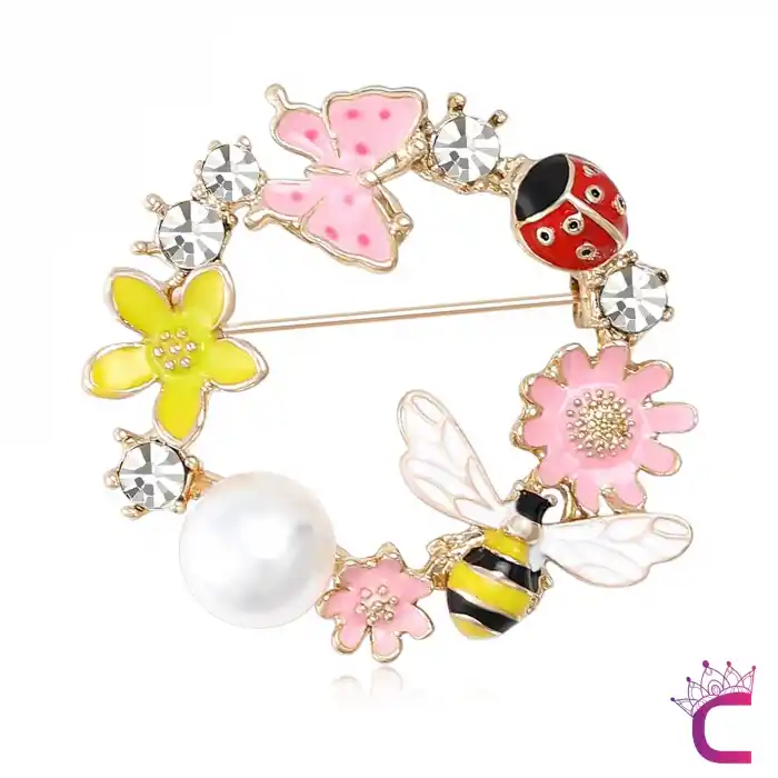 Kelebekli Uğur Böceği Arılı İncili Çiçekli Kadın Çelenk Broş - Hediyelik Elbise Ceket Yaka İğnesi