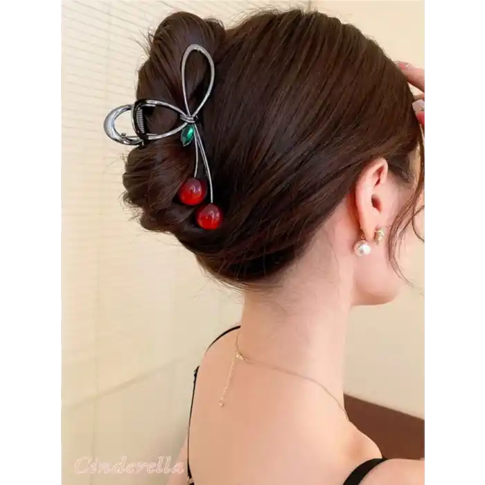 Kiraz Model Yeşil Zümrüt Taşlı Metal Büyük Mandal Toka - Kirazlı Mandallı Kadın Saç Topuz Tokası