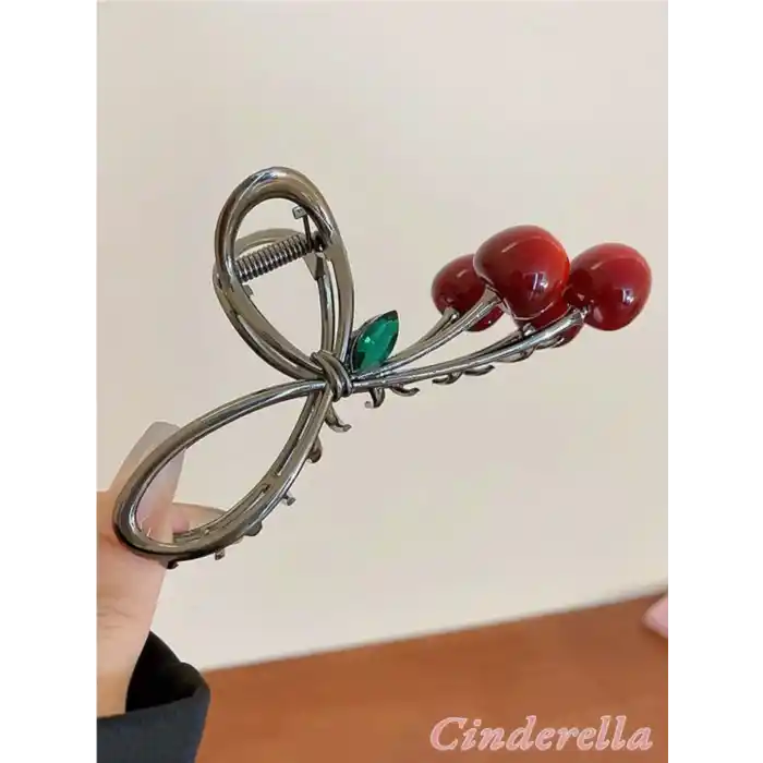 Kiraz Model Yeşil Zümrüt Taşlı Metal Büyük Mandal Toka - Kirazlı Mandallı Kadın Saç Topuz Tokası