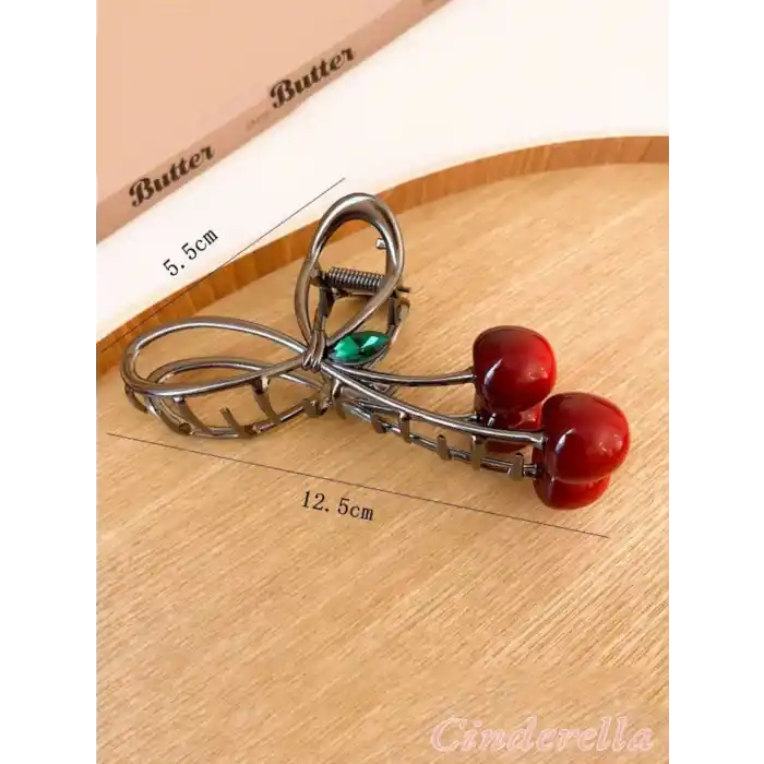 Kiraz Model Yeşil Zümrüt Taşlı Metal Büyük Mandal Toka - Kirazlı Mandallı Kadın Saç Topuz Tokası