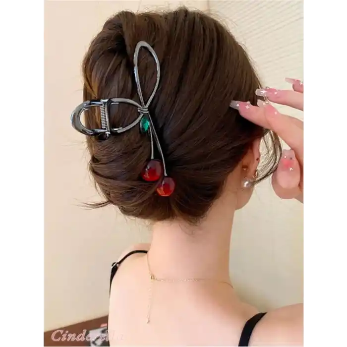 Kiraz Model Yeşil Zümrüt Taşlı Metal Büyük Mandal Toka - Kirazlı Mandallı Kadın Saç Topuz Tokası