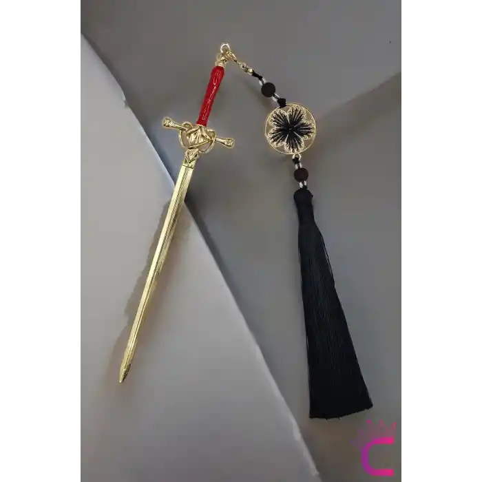 Kırmızı Gold Kılıç Tasarım Siyah Püsküllü Metal Topuz Toka 20cm - Kadın Firkete Çubuk Topuz Tokası