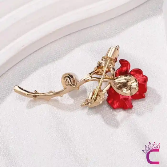 Kırmızı Gül Tasarım İncili Taşlı Kadın Broş - Sevgiliye Eşe Hediyelik Elbise Ceket Yaka İğnesi Broşu