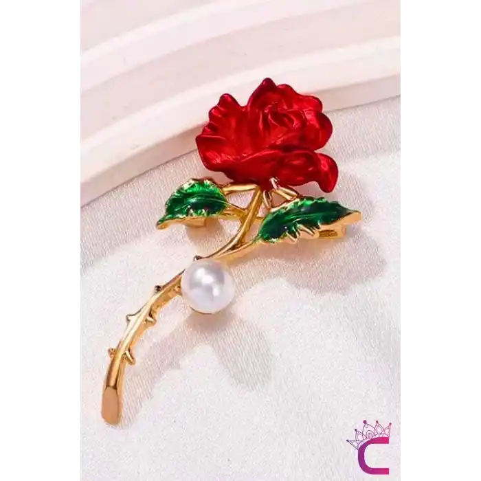 Kırmızı Gül Tasarım İncili Taşlı Kadın Broş - Sevgiliye Eşe Hediyelik Elbise Ceket Yaka İğnesi Broşu