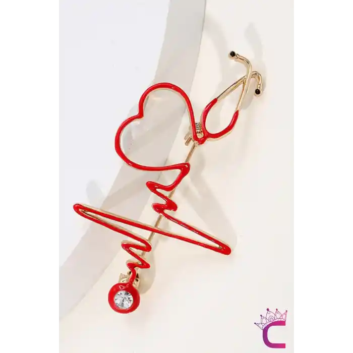 Kırmızı Kalp Atışı Steteskop Doktor Broş Hediyelik Zirkon Taşlı Sağlıkçı Hemşire Yaka İğnesi Broşu