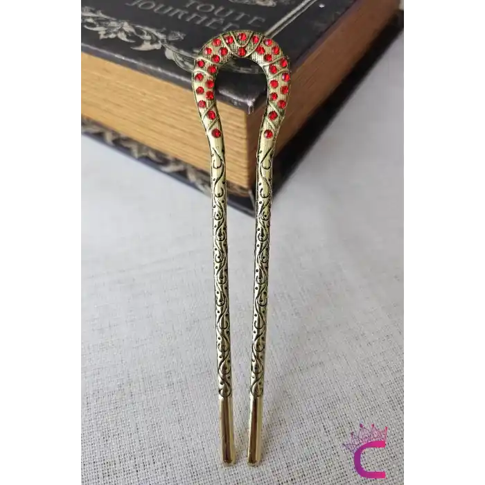 Kırmızı Taşlı İşlemeli Vintage Gold Metal Topuz Tokası 12.5cm - Kadın Saç Topuz Tokası Çubuk Toka