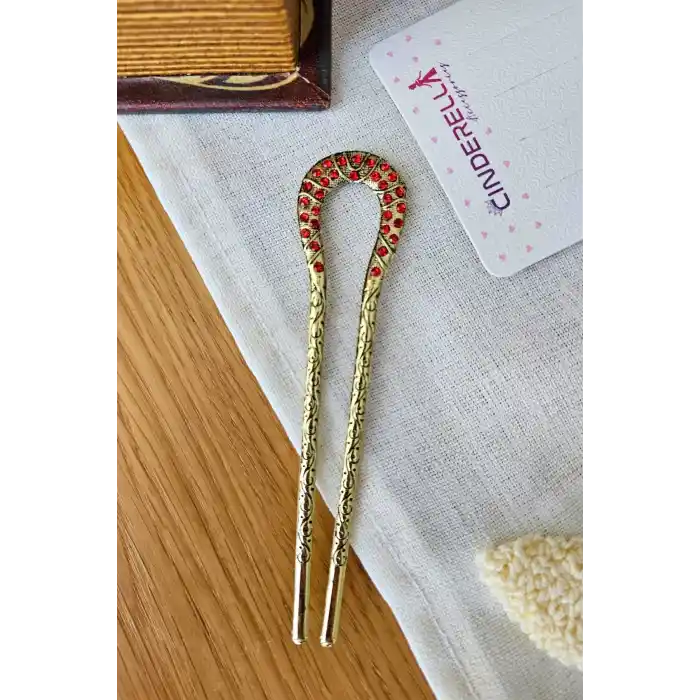 Kırmızı Taşlı İşlemeli Vintage Gold Metal Topuz Tokası 12.5cm - Kadın Saç Topuz Tokası Çubuk Toka