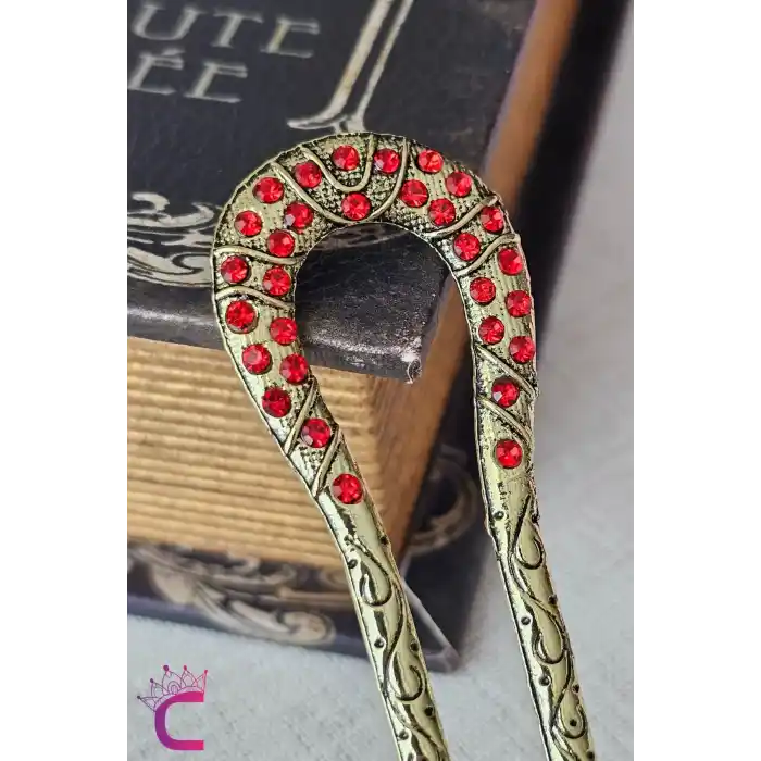 Kırmızı Taşlı İşlemeli Vintage Gold Metal Topuz Tokası 12.5cm - Kadın Saç Topuz Tokası Çubuk Toka
