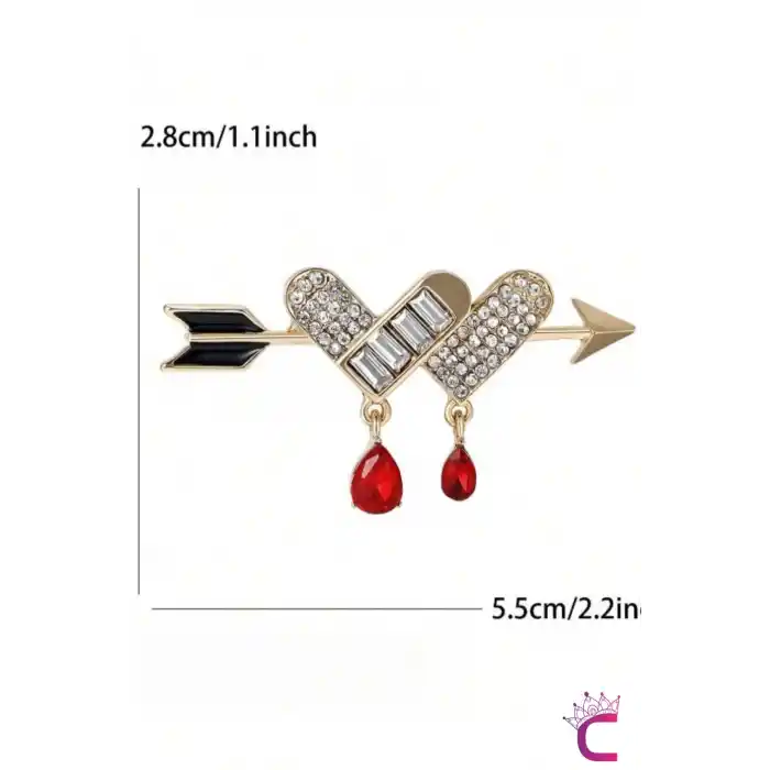 Kırmızı Zümrüt Taşlı Sallantılı Aşk Oklu Kalpli Kadın Broş - Hediyelik Sevgililer Günü Hediyesi Broş
