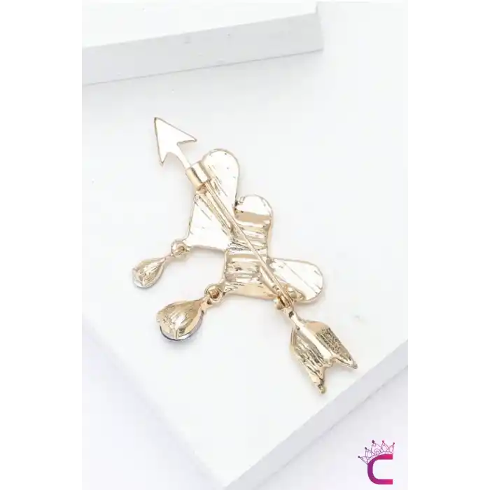 Kırmızı Zümrüt Taşlı Sallantılı Aşk Oklu Kalpli Kadın Broş - Hediyelik Sevgililer Günü Hediyesi Broş