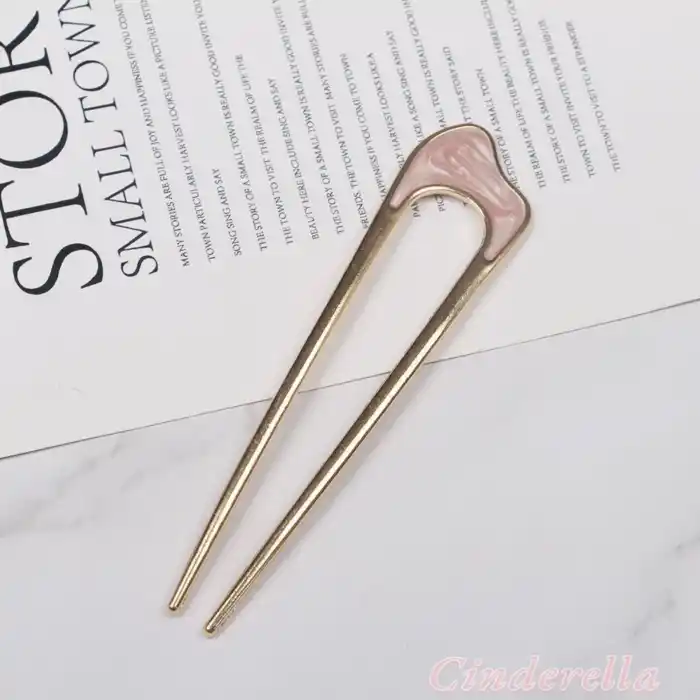 Kıvrımlı Pembe & Beyaz Detaylı Metal Topuz Tokası - Çubuk Saç Tokası - Saç Çubuğu