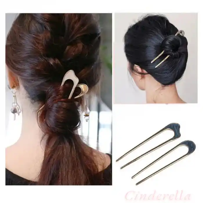 Kıvrımlı Pembe & Beyaz Detaylı Metal Topuz Tokası - Çubuk Saç Tokası - Saç Çubuğu