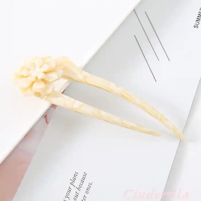 Krem Sarısı Flower Fransız El Yapımı Lüks Kemik Topuz Tokası - Çubuk Saç Topuz Tokası - Topuz Çubuğu