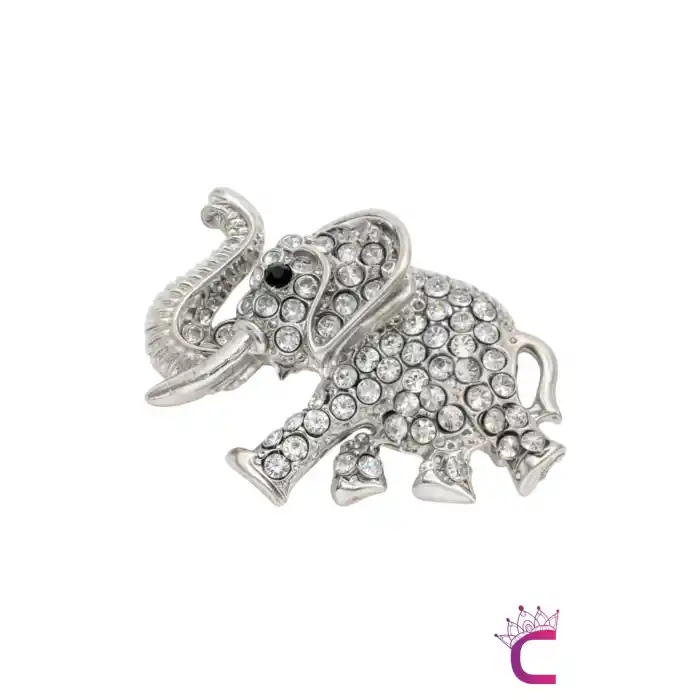 Kristal Taşlı Tasarım Fil Broş Gümüş Renk - Çanta Elbise Ceket Yaka İğnesi Broş Rozeti