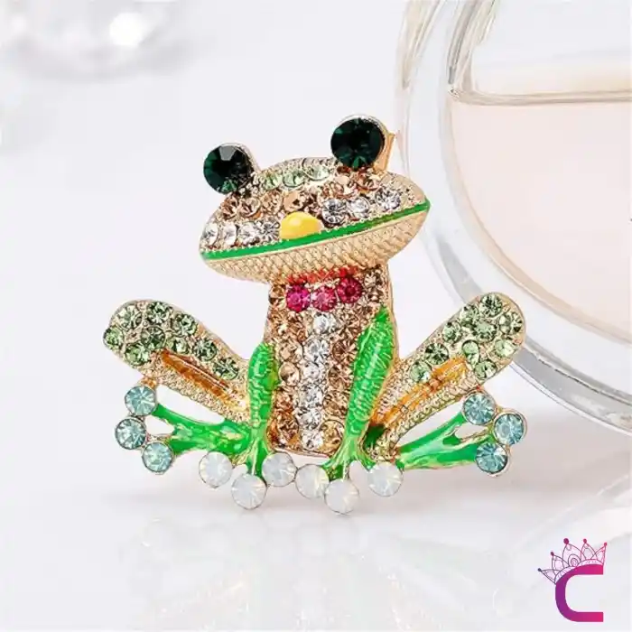 Kurbağa Tasarım Taşlı Kadın Broş - Sevimli Hediyelik Aksesuar Çanta Ceket Elbise Yaka İğnesi Broş