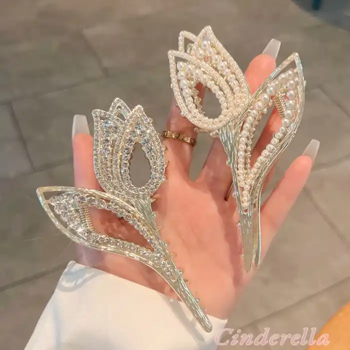 Lale Model Mini İncili Kristal Taşlı Kadın Metal Mandal Toka Gold - Modern Mandallı Saç Topuz Tokası