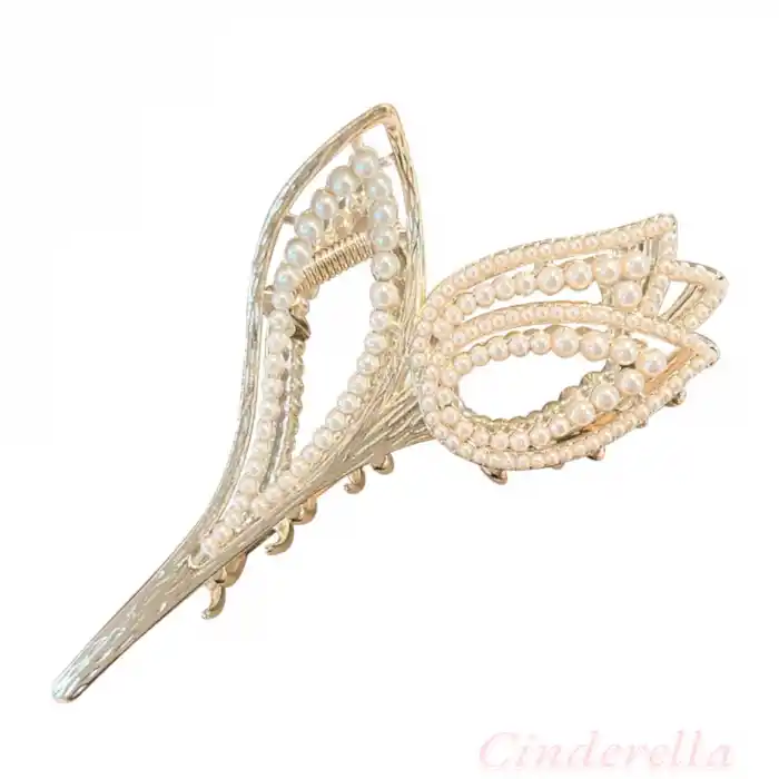 Lale Model Mini İncili Kristal Taşlı Kadın Metal Mandal Toka Gold - Modern Mandallı Saç Topuz Tokası