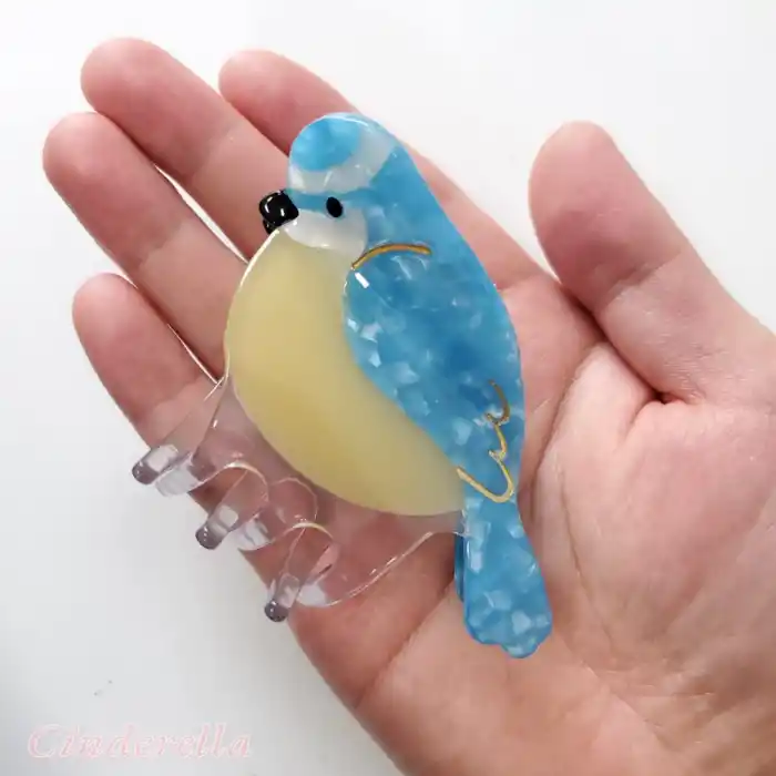 Mavi Baştankara Kuşu Model Lüks Asetat Kemik Mandal Toka 8cm - Yeni Trend Kadın Mandallı Saç Tokası