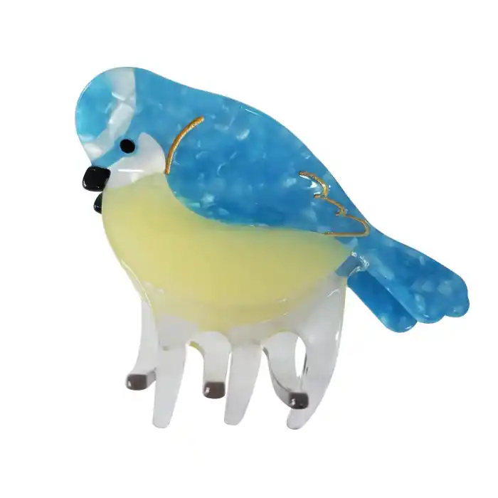 Mavi Baştankara Kuşu Model Lüks Asetat Kemik Mandal Toka 8cm - Yeni Trend Kadın Mandallı Saç Tokası