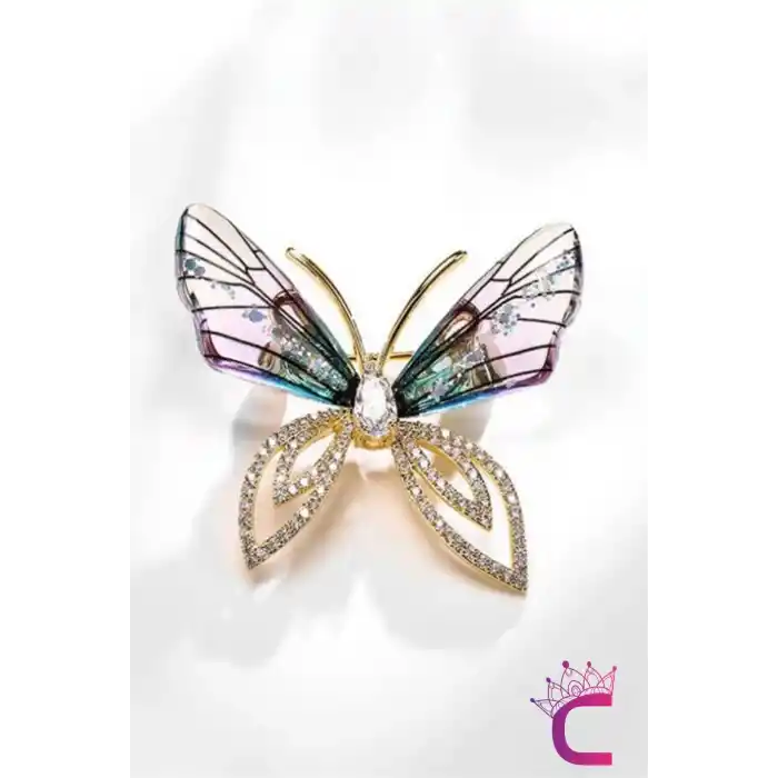 Mavi Degrade Kanatlı Taşlı Kelebek Broş - Kelebekli Hediyelik Elbise Ceket Kadın Yaka İğnesi Broş