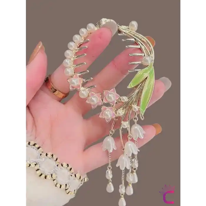 Minik Pembe Çiçekli Yaprak Detaylı İncili Taşlı Sallantılı Yaylı Kadın Saç Topuz Tokası Gold Metal