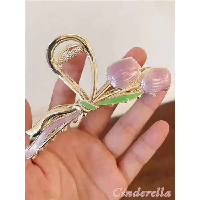 Mor Lale Çiçekli Model Kadın Metal Mandal Toka Gold - İlkbahar Yaz Country Stil Topuz Saç Aksesuarı
