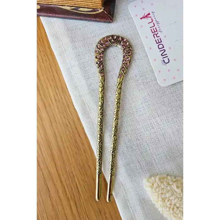 Mor Taşlı İşlemeli Vintage Gold Metal Topuz Tokası 12.5cm - Kadın Saç Topuz Tokası Çubuk Toka