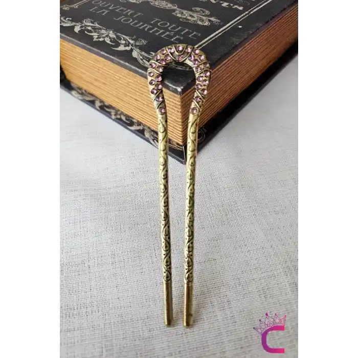 Mor Taşlı İşlemeli Vintage Gold Metal Topuz Tokası 12.5cm - Kadın Saç Topuz Tokası Çubuk Toka