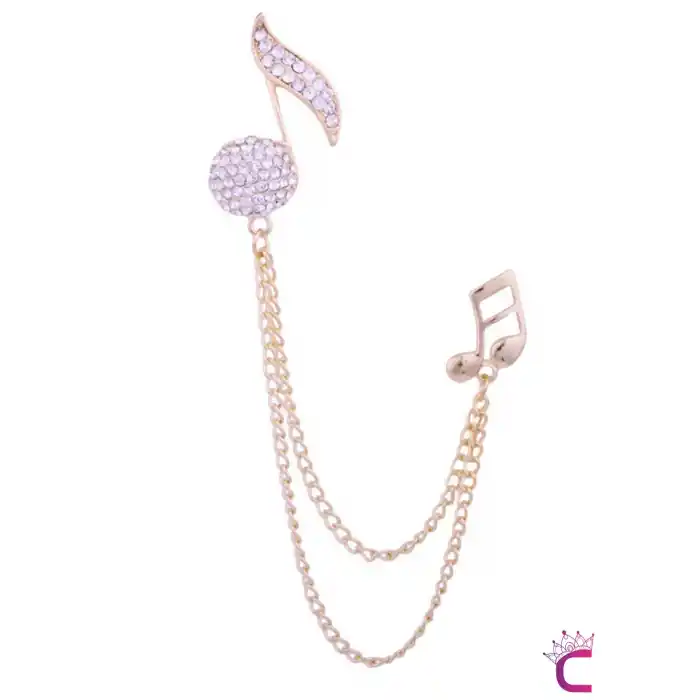 Müzik Notası Zirkon Taşlı Zincirli Broş Gold - Hediyelik Damat Yaka Zinciri Ceket Kıyafet İğnesi