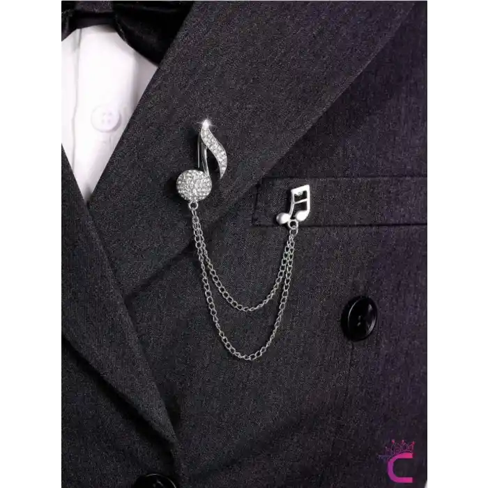 Müzik Notası Zirkon Taşlı Zincirli Broş Gümüş - Hediyelik Damat Yaka Zinciri Ceket Kıyafet İğnesi