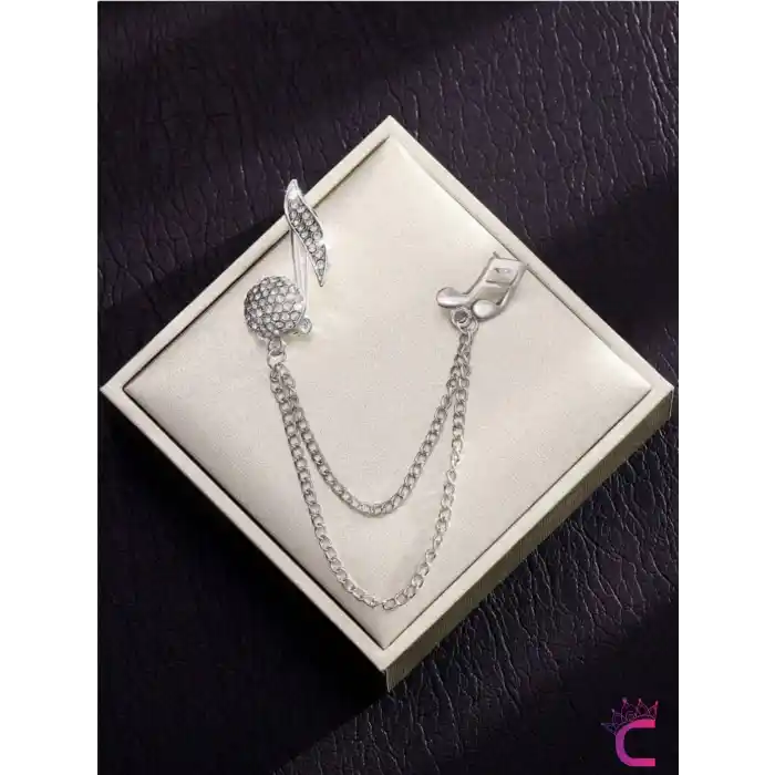 Müzik Notası Zirkon Taşlı Zincirli Broş Gümüş - Hediyelik Damat Yaka Zinciri Ceket Kıyafet İğnesi