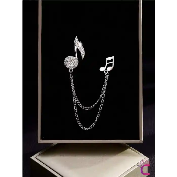 Müzik Notası Zirkon Taşlı Zincirli Broş Gümüş - Hediyelik Damat Yaka Zinciri Ceket Kıyafet İğnesi