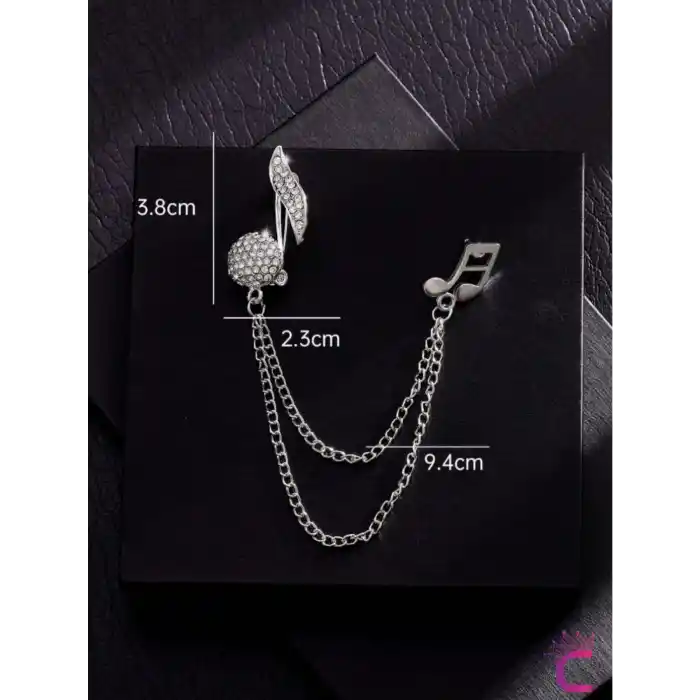 Müzik Notası Zirkon Taşlı Zincirli Broş Gümüş - Hediyelik Damat Yaka Zinciri Ceket Kıyafet İğnesi