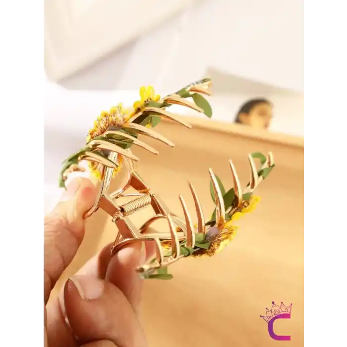 Örgü Ayçiçeği Sarmaşık Yapraklı Tasarım Çiçekli Kadın Mandal Toka Metal Gold - Zarif Saç Tokası